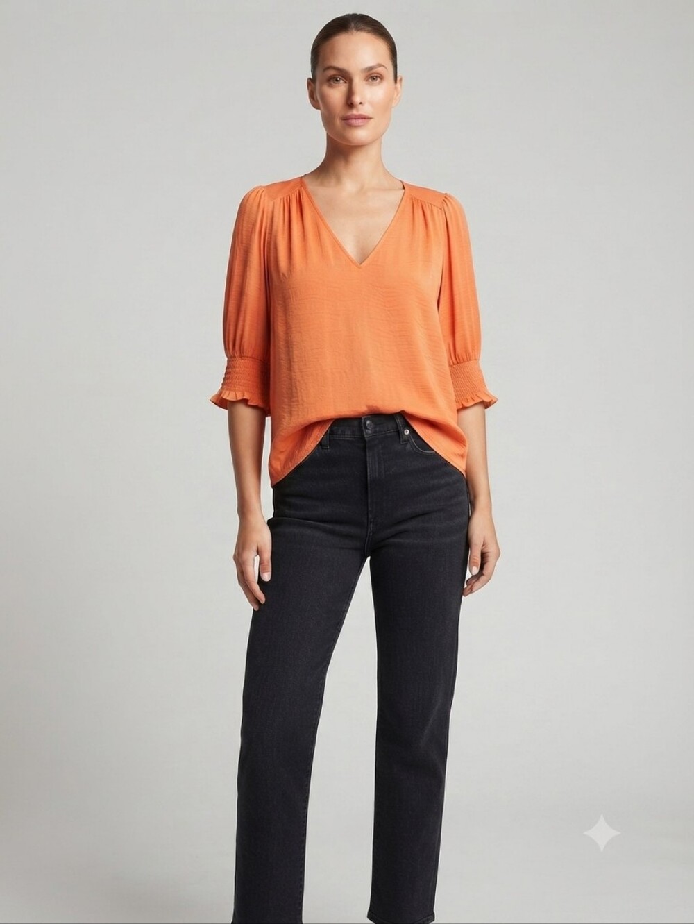NWOT Maison d'Amélie Paris Orange Smocked Sleeve Blouse Size L